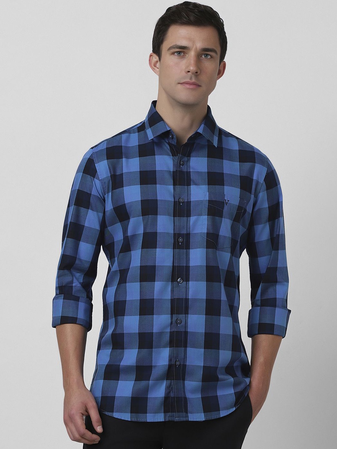 

Van Heusen Sport Men Slim Fit Gingham Checked Solid Cotton Casual Shirt, Navy blue