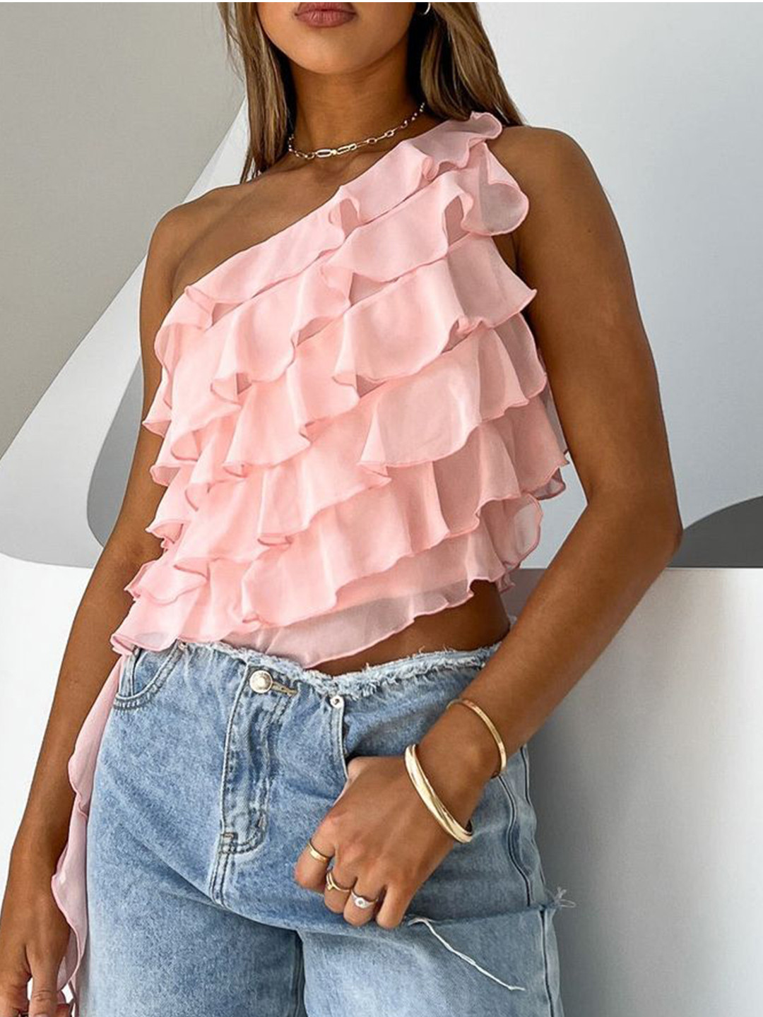 

LULU & SKY Women Striped One Shoulder Tiered Crop Top, Pink