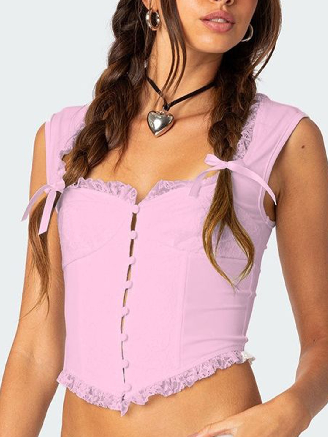 

LULU & SKY Women Sweetheart Neck Lace-Up Sleeveless Crop Top, Pink