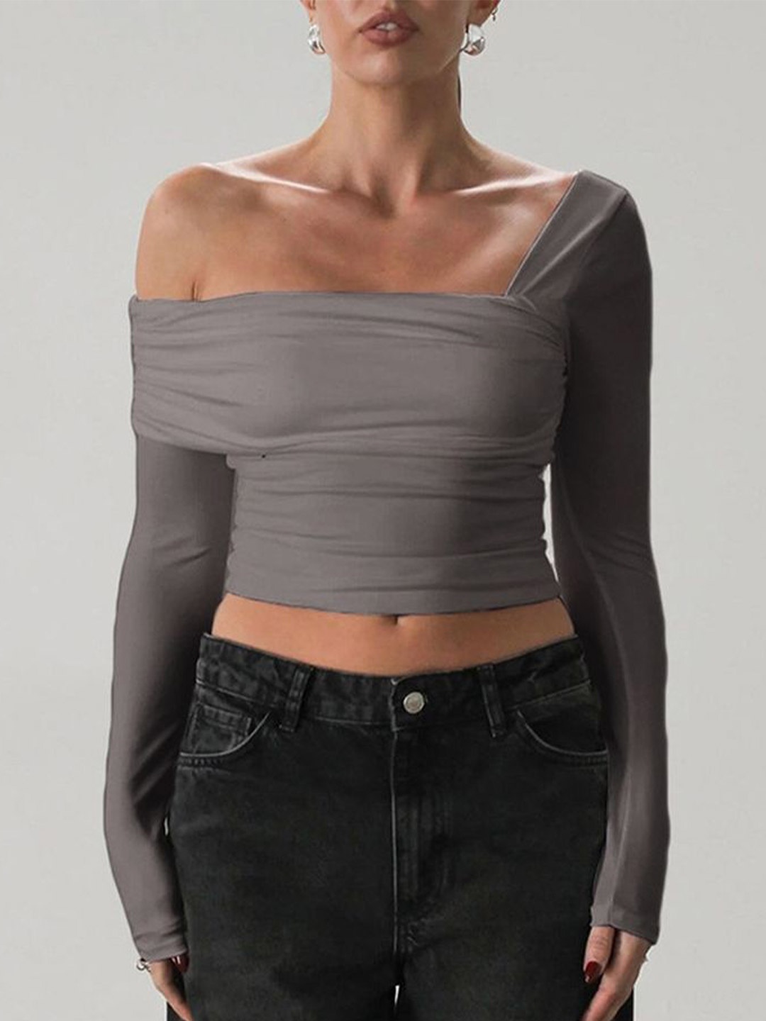 

LULU & SKY One Shoulder Ruched Detail Bardot Crop Top, Grey