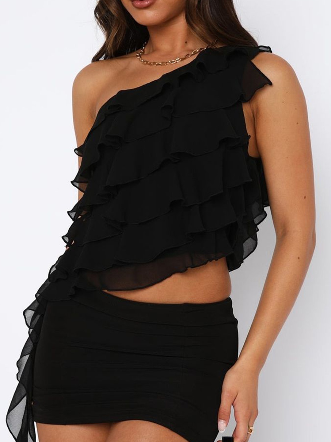 

LULU & SKY Women One Shoulder Ruffle Crop Top, Black