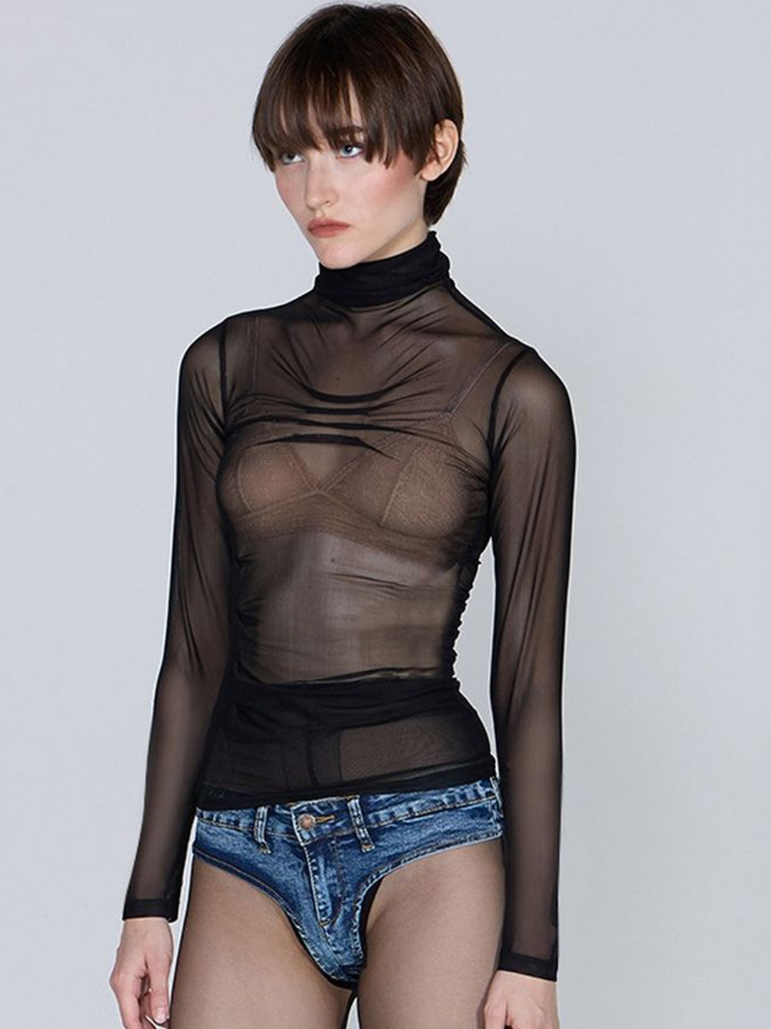 

LULU & SKY Women High Neck Sheer Fitted Top, Black