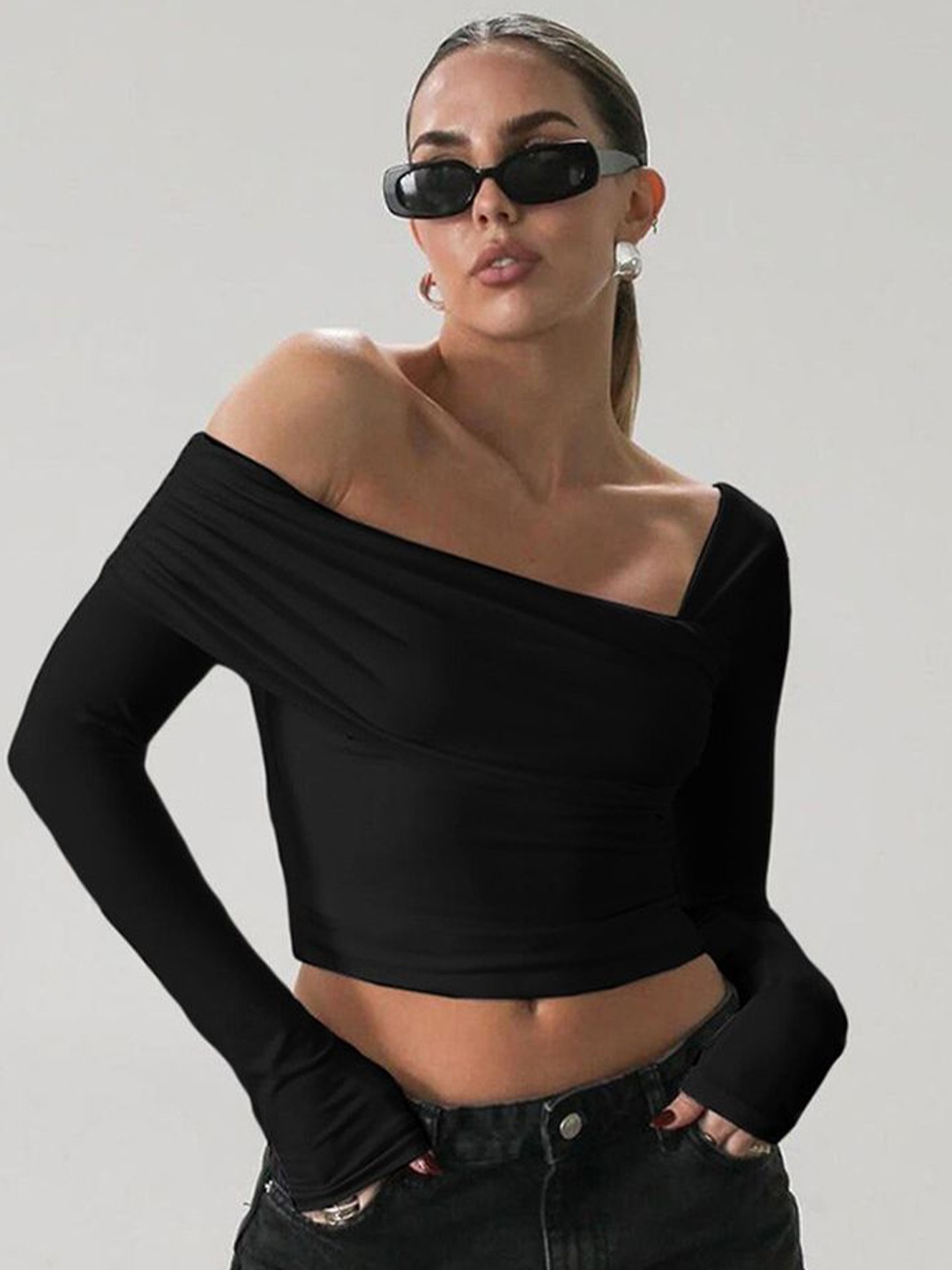 

LULU & SKY Women Off-Shoulder Bardot Crop Top, Black