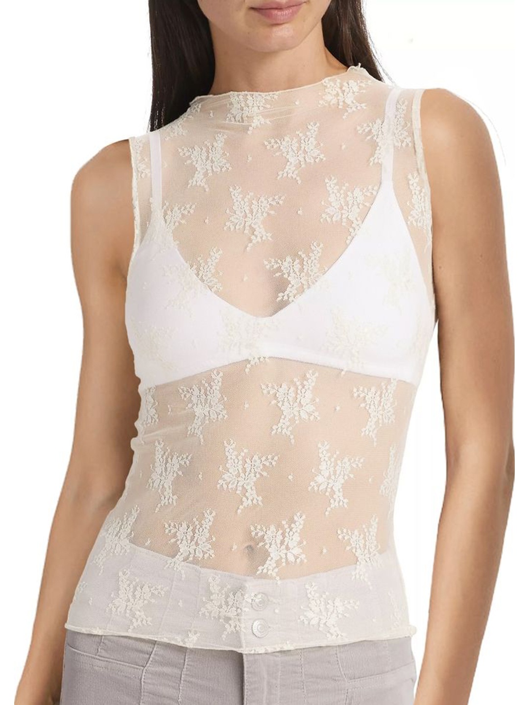 

LULU & SKY Women Floral Sheer Lace Vest Top, Off white