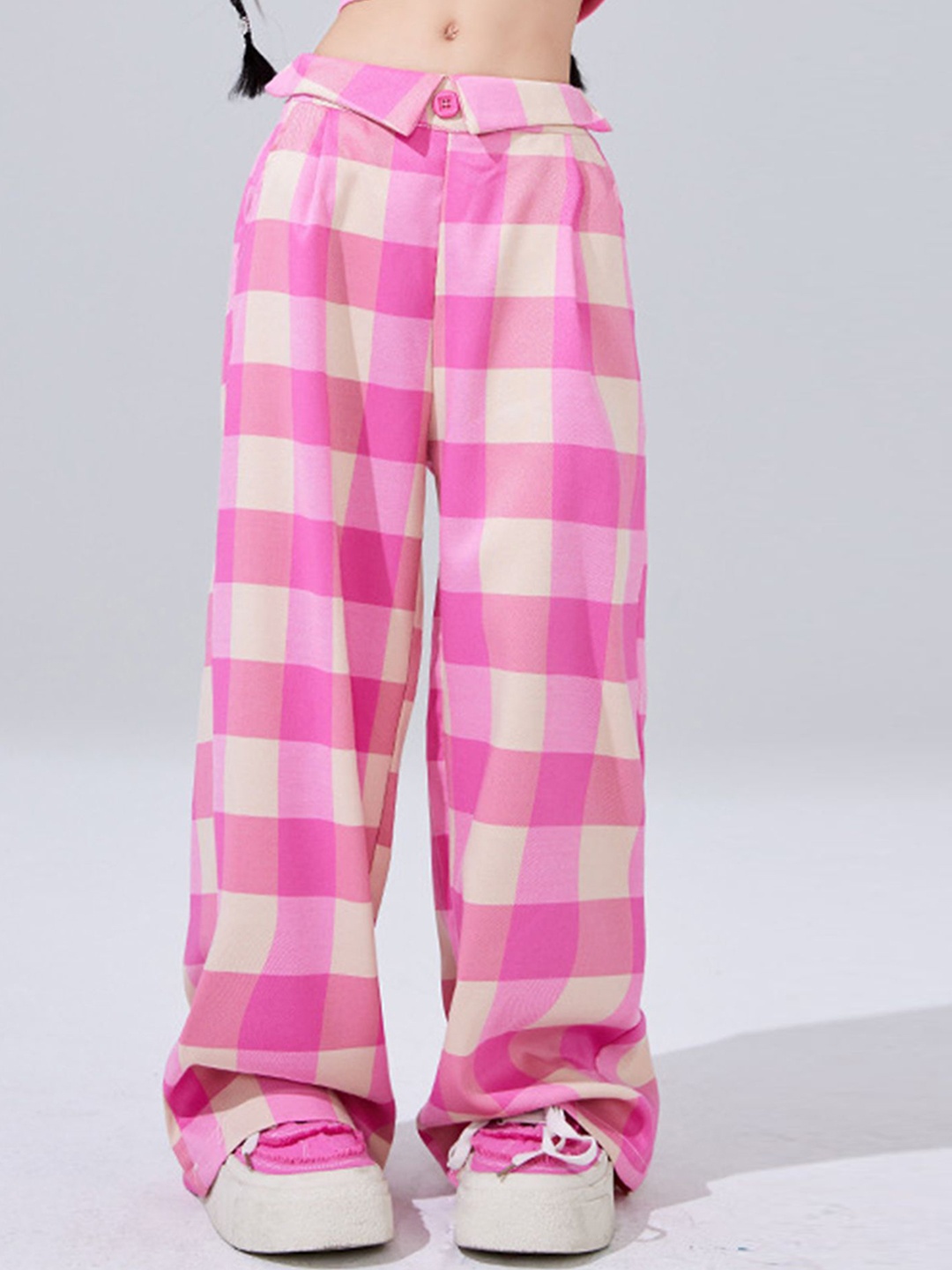 

LULU & SKY Girls Checked High-Rise Wide Leg Trousers, Pink