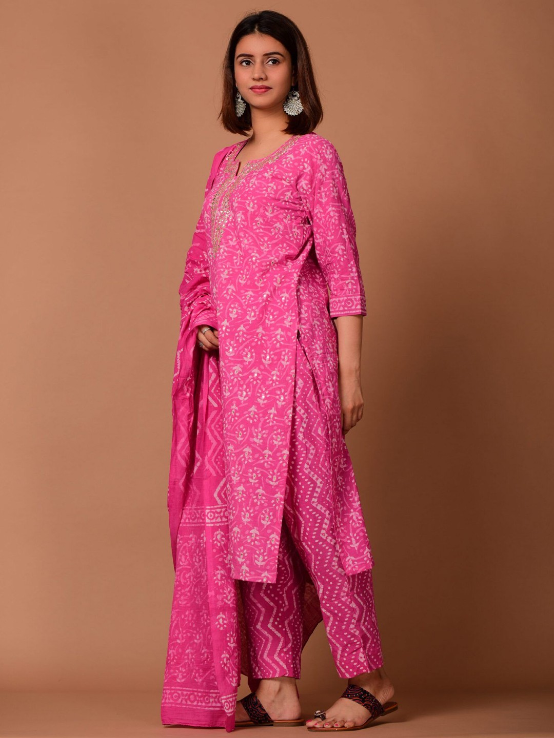 

DIMPLE DESIGN STUDIO Floral Printed Mirror Work Pure Cotton Kurta With Trousers & Dupatta, Pink