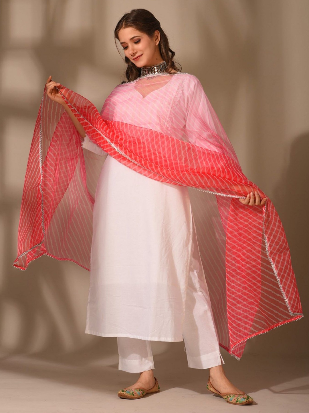 

DIMPLE DESIGN STUDIO Striped Embroidered Pure Cotton Kurta With Trousers & Dupatta, White