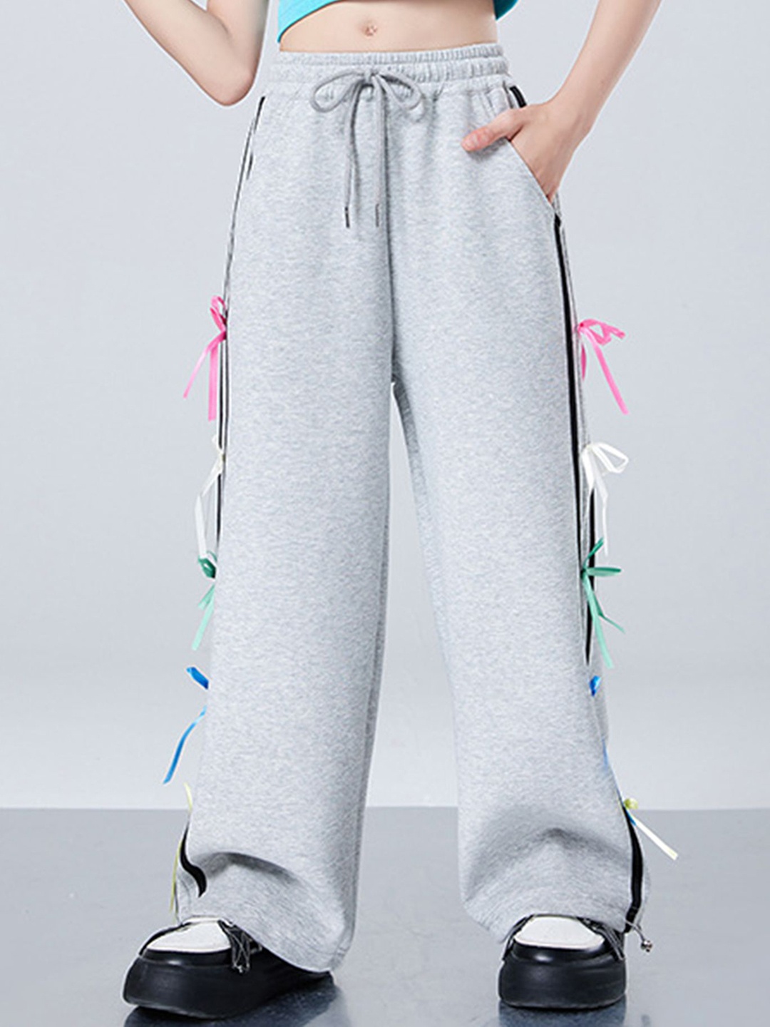 

LULU & SKY Girls Straight Fit Heathered Bow Detail Trousers, Grey