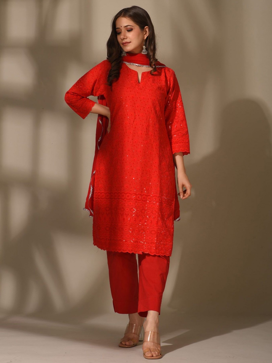 

DIMPLE DESIGN STUDIO Women Embroidered Sequinned Pure Cotton Kurta with Pyjamas & Dupatta, Red