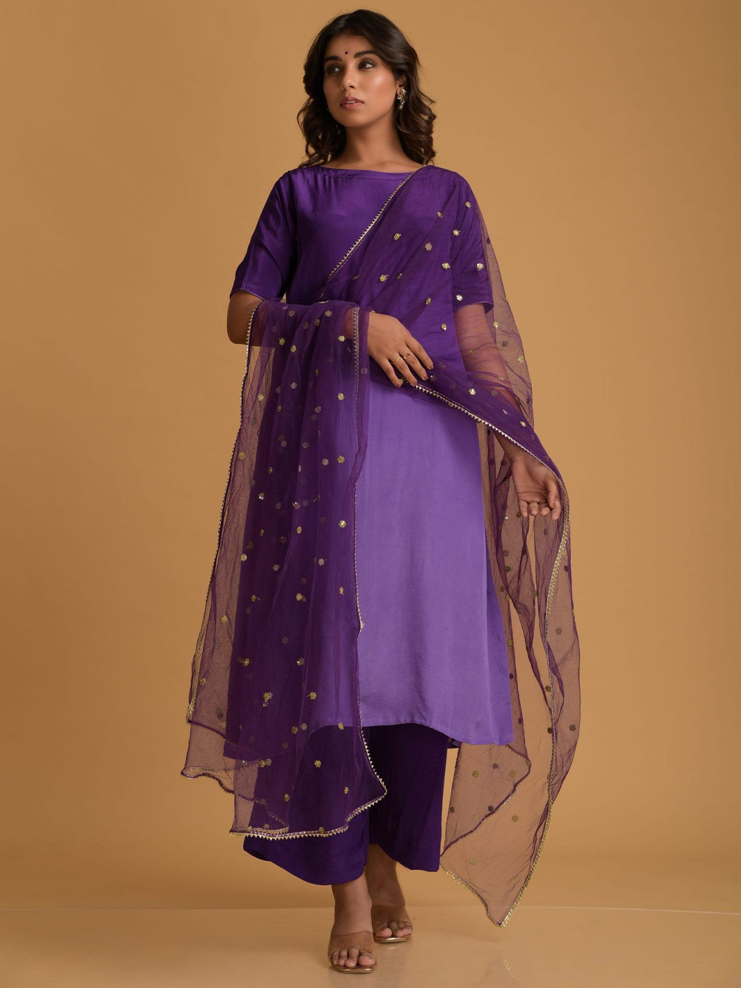 

DIMPLE DESIGN STUDIO Ombre Regular Sequinned Satin Straight Kurta with Palazzos & Dupatta, Purple