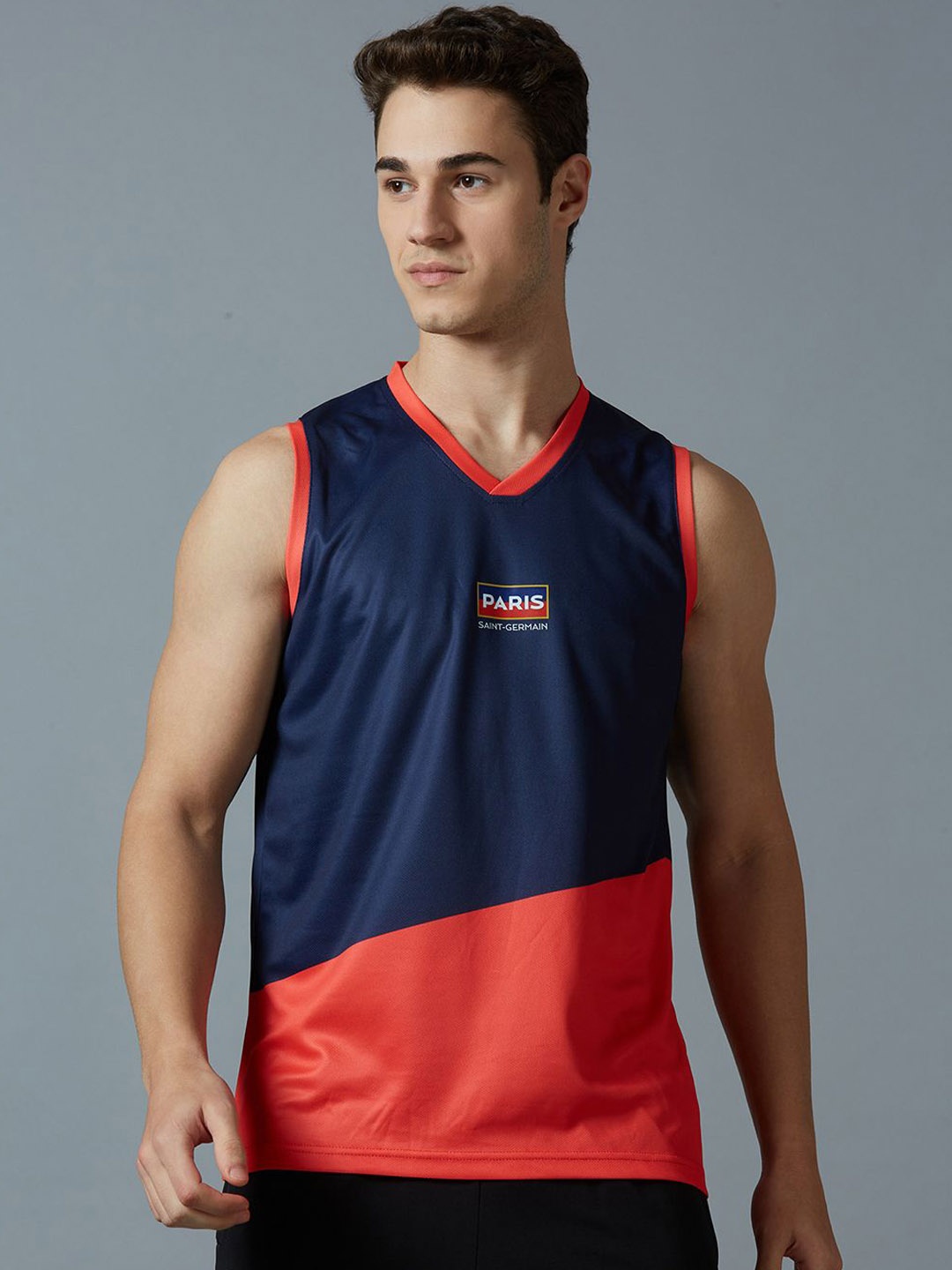 

FanCode Men Colorblocked V-Neck Gym Innerwear Vest, Navy blue