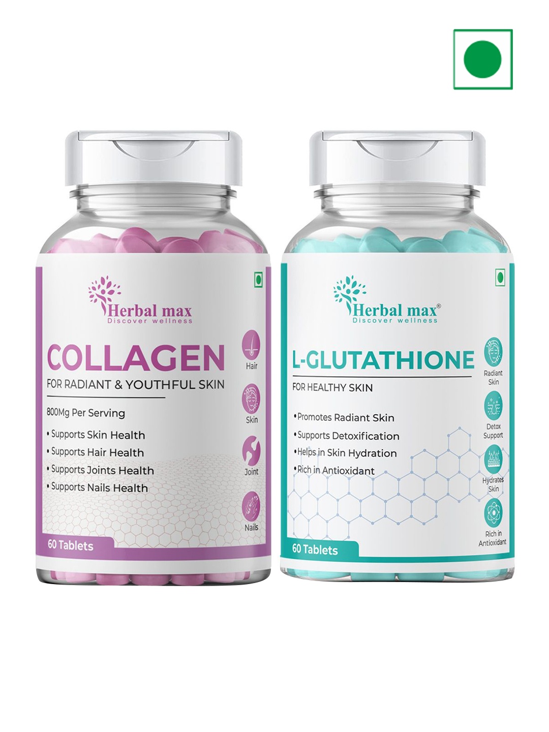 

Herbal max Set of Skin Youthful Collagen & L-Glutathione Tablets - 60 Tablets Each, White