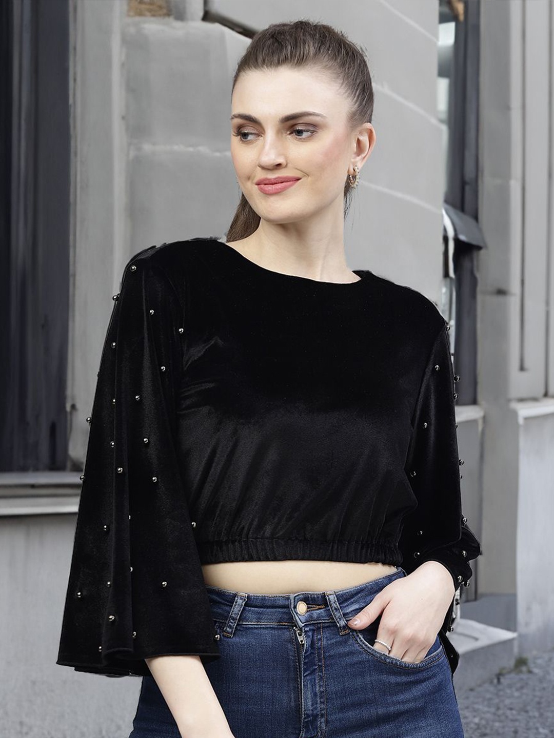 

STYLECAST X KASSUALLY Embellished Flared Sleeve Velvet Crop Top, Black