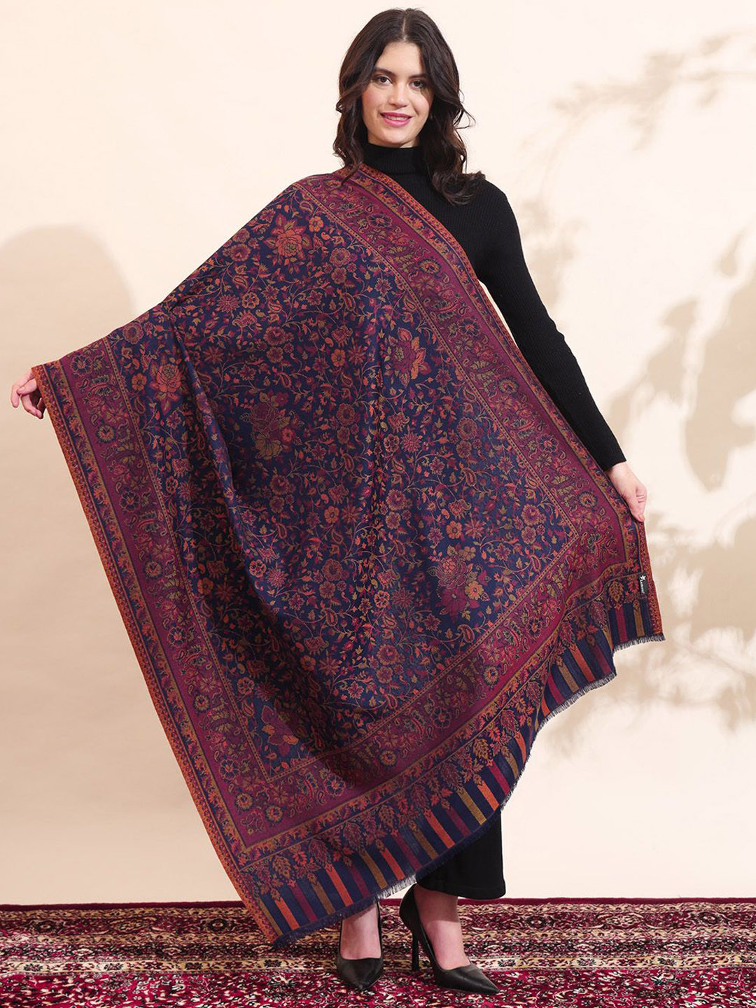 

Zamour Floral Printed Shawl, Navy blue