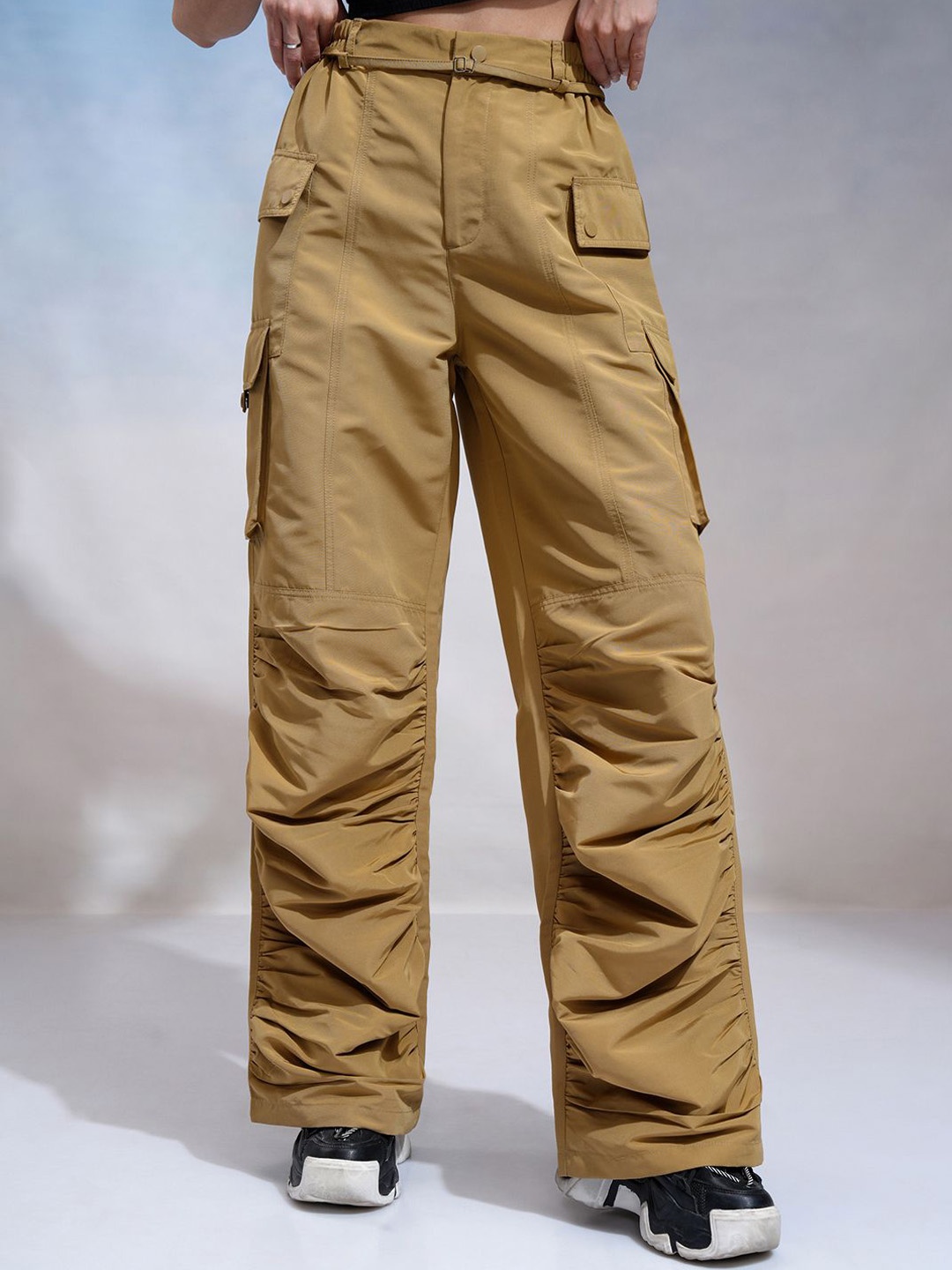 

Street By Tokyo Talkies Women Pleated Cargos Trousers With Flap Pockets, Khaki