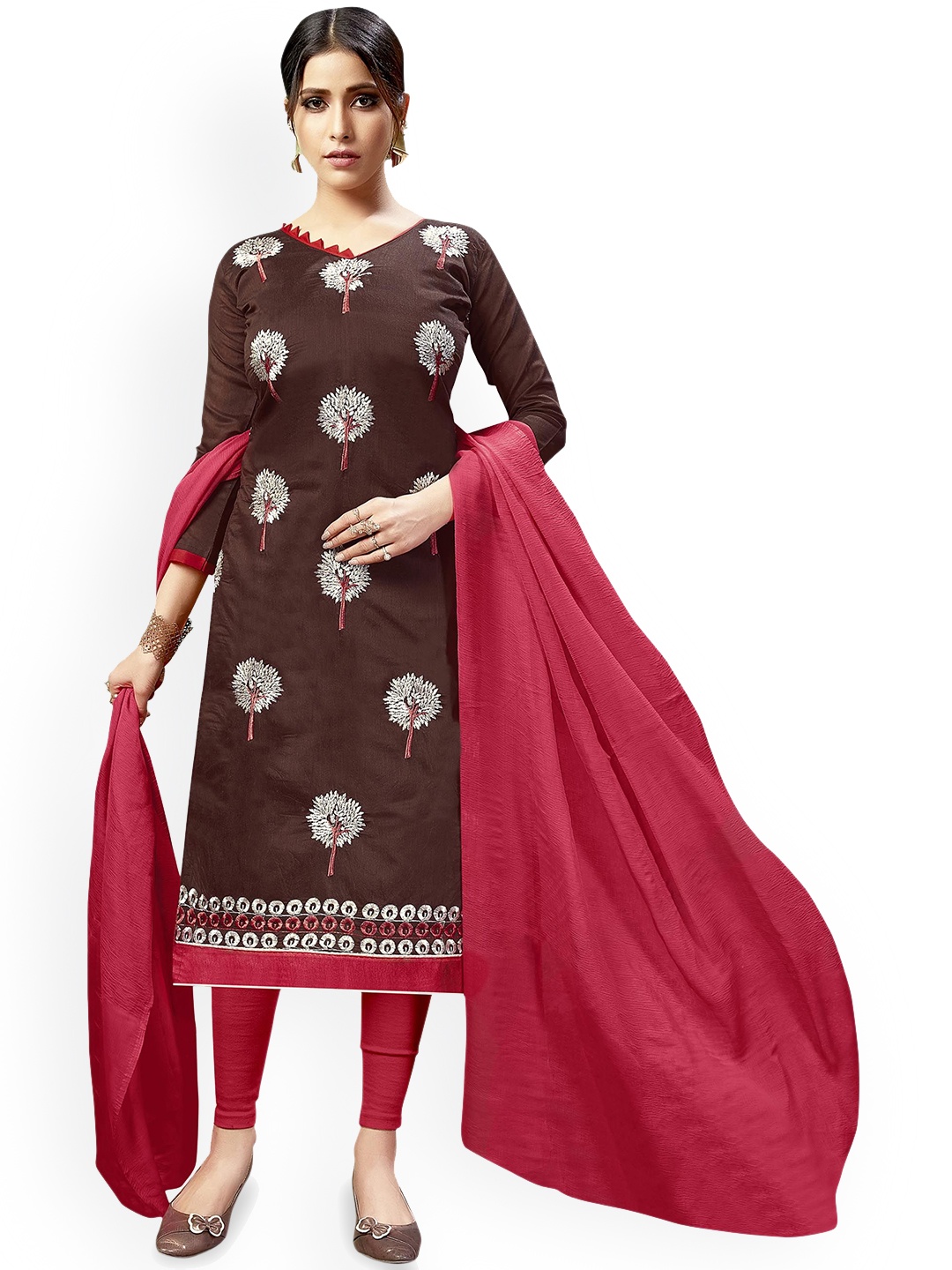 

Maroosh Floral Embroidered Unstitched Dress Material, Brown