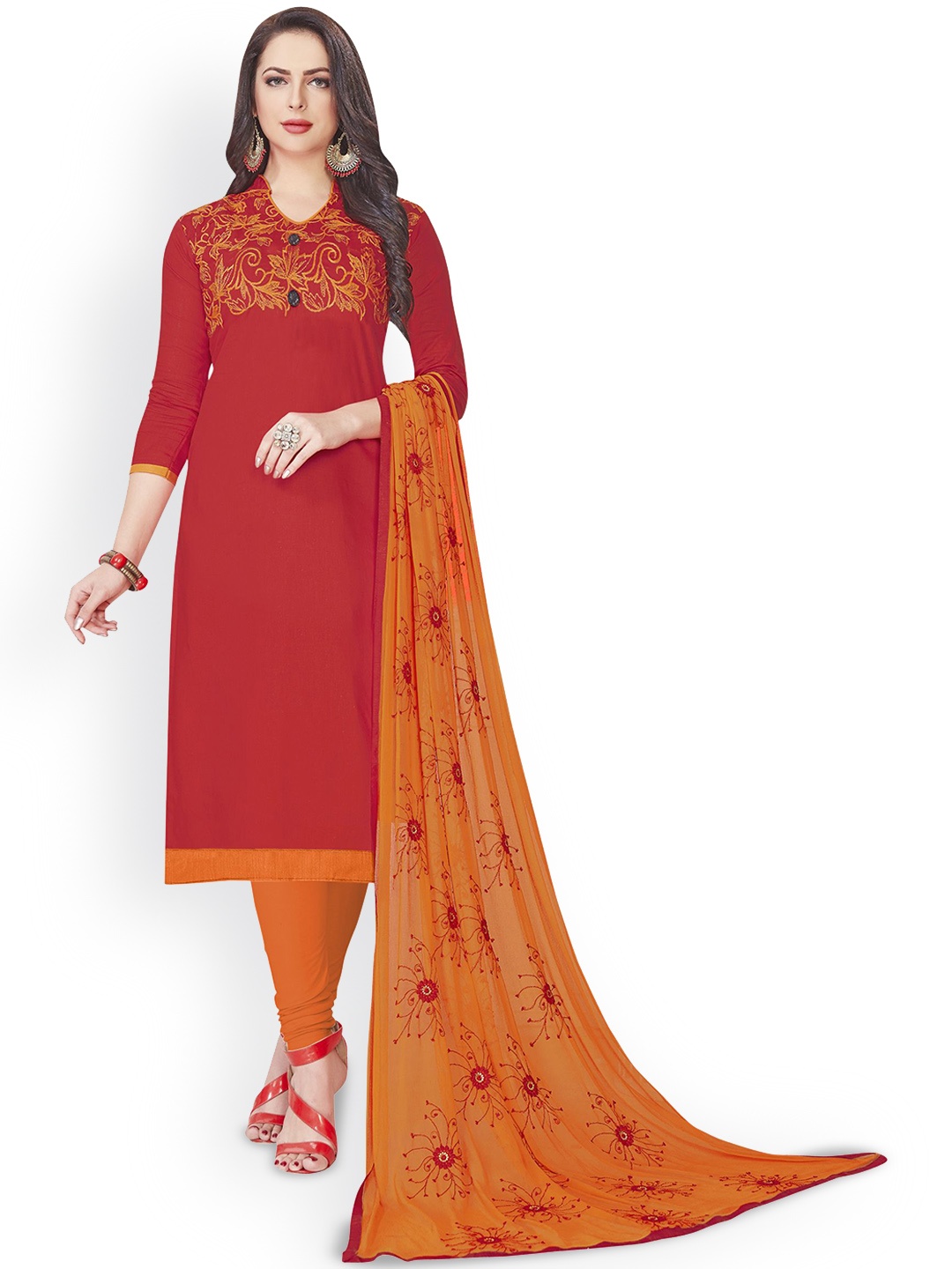 

Maroosh Floral Embroidered Cotton Unstitched Dress Material, Red