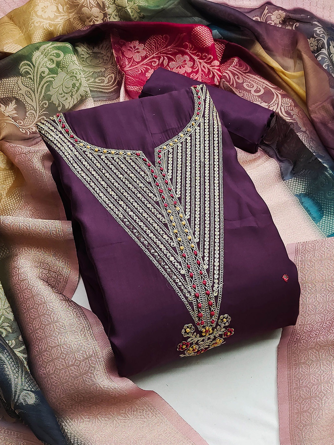 

Maroosh Ethnic Motifs Embroidered Sequinned Unstitched Dress Material, Purple