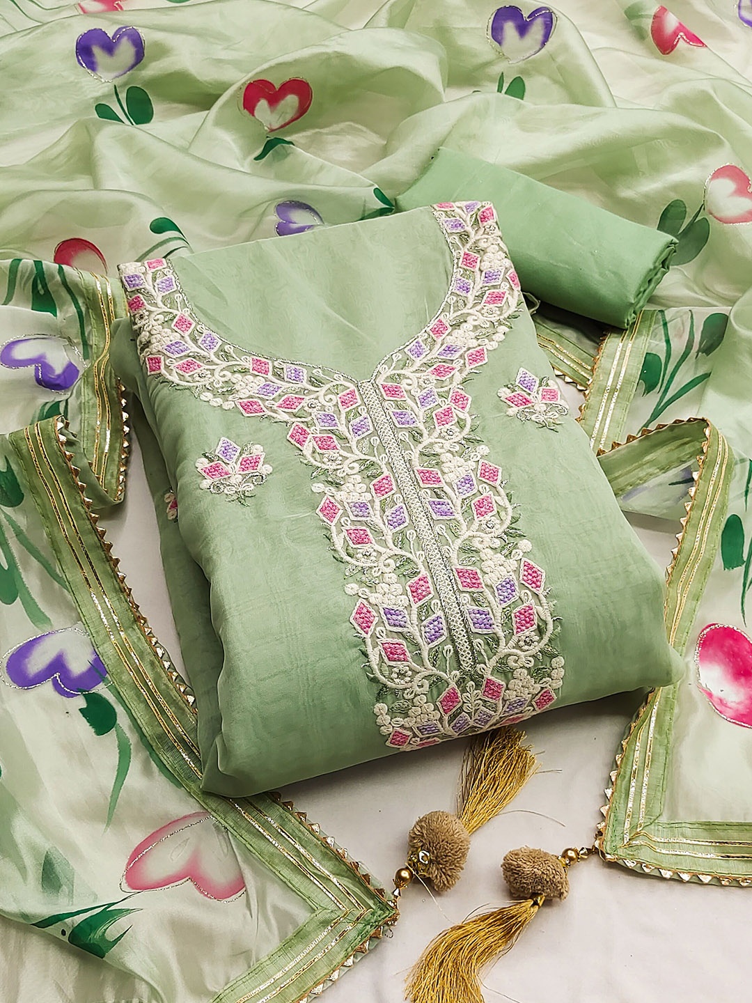 

Maroosh Floral Embroidered Organza Unstitched Dress Material, Green
