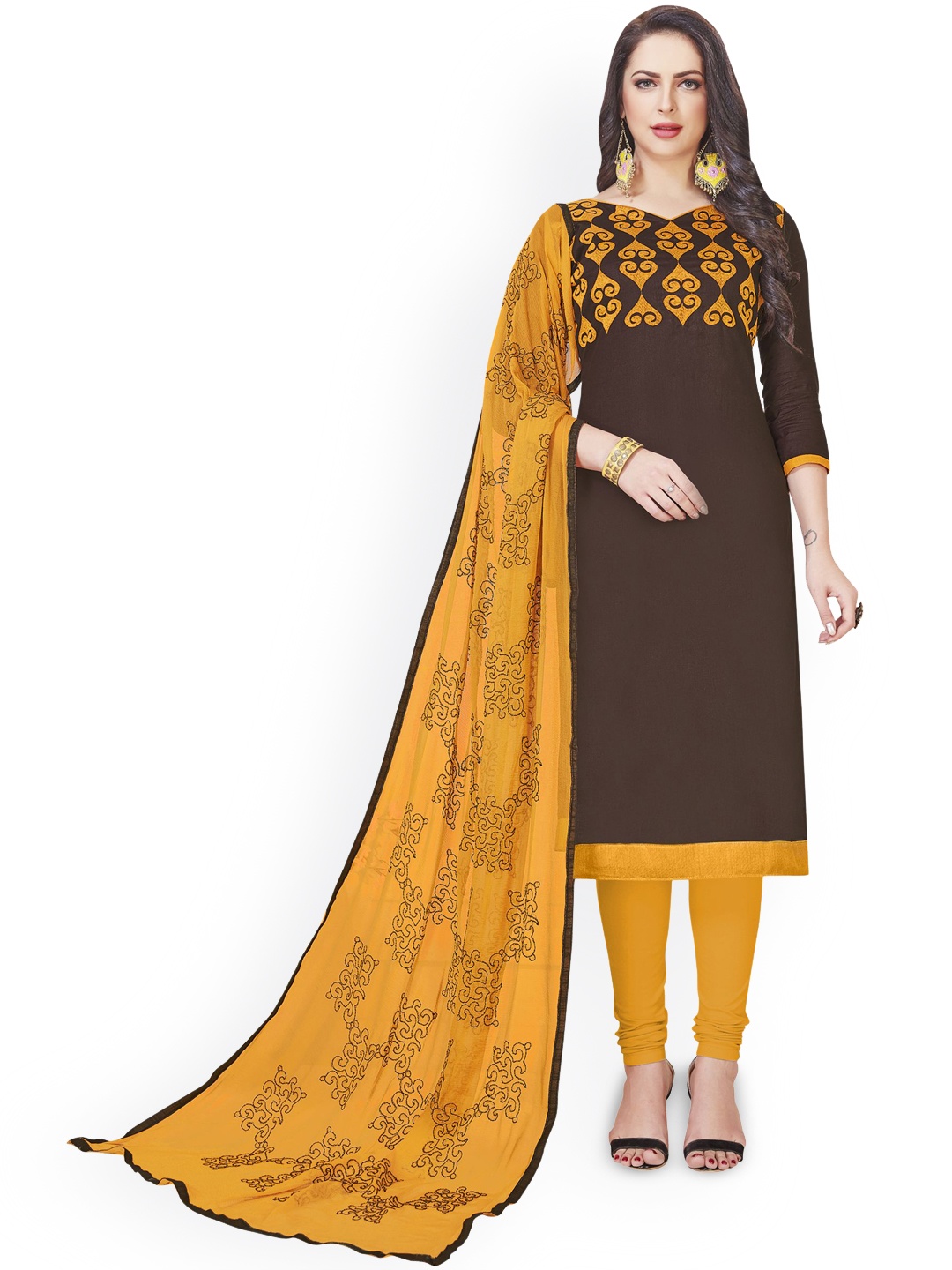 

Maroosh Floral Printed Unstitched Dress Material, Brown
