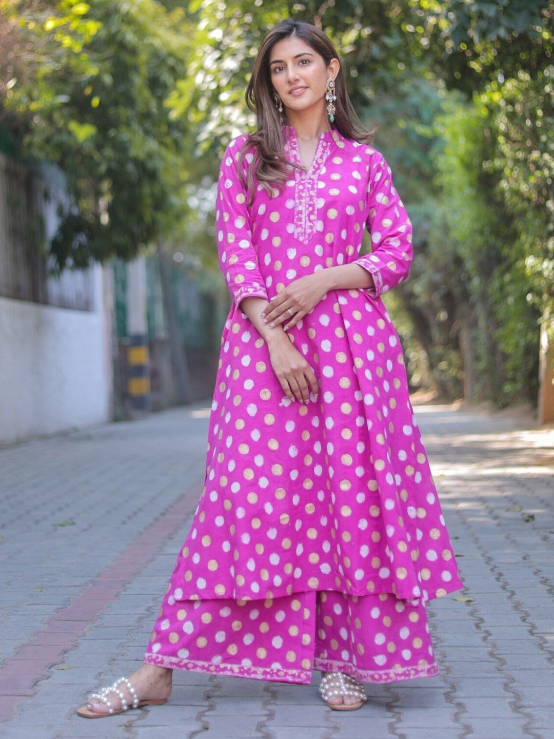 

DIMPLE DESIGN STUDIO Geometric Printed Pure Cotton A-Line Kurta With Palazzos, Pink