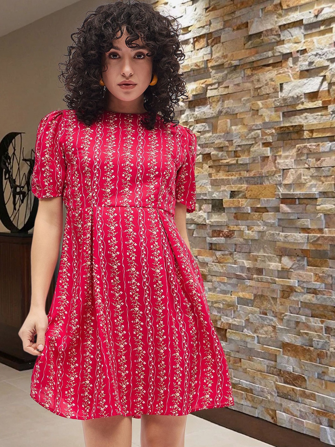 

Deewa Floral Printed Fit & Flare Mini Dress, Pink