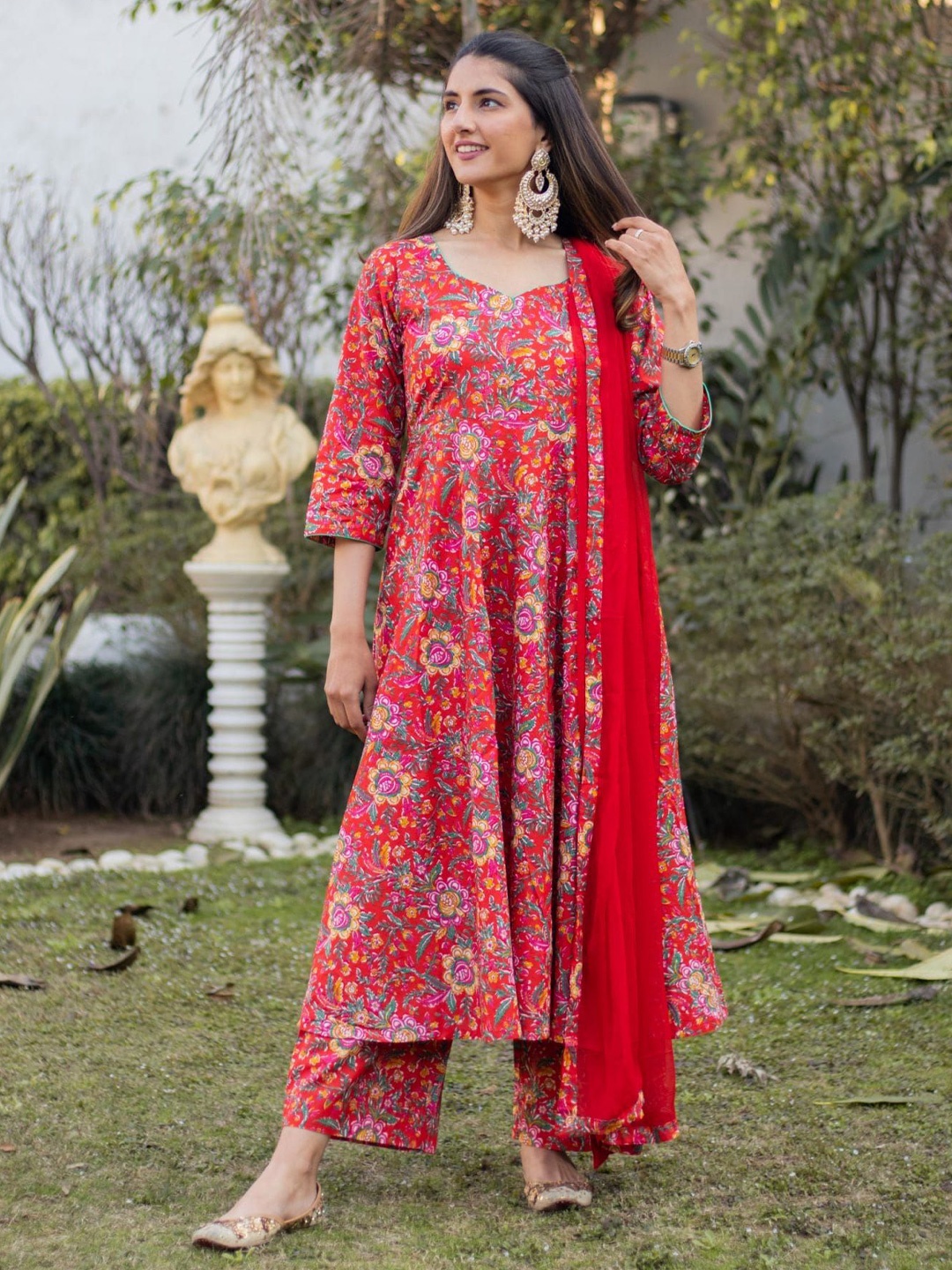

DIMPLE DESIGN STUDIO Floral Printed Pure Cotton Anarkali Kurta With Palazzos & Dupatta, Red