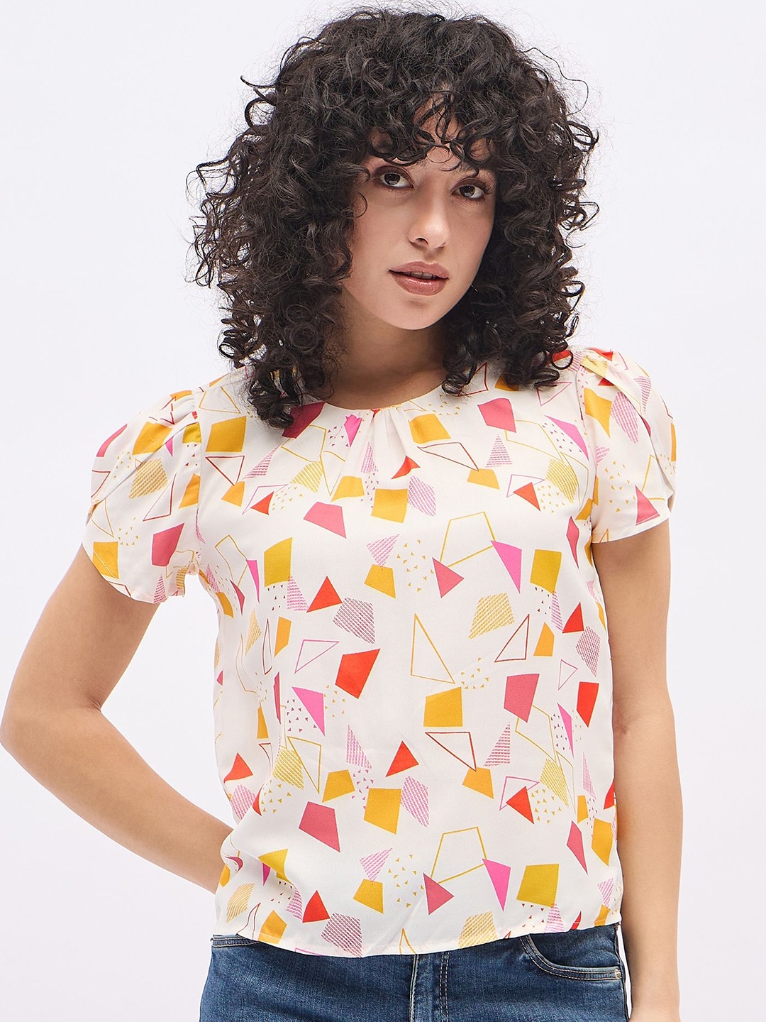 

Deewa Women Geometric Printed Puff Sleeve Crepe Top, White