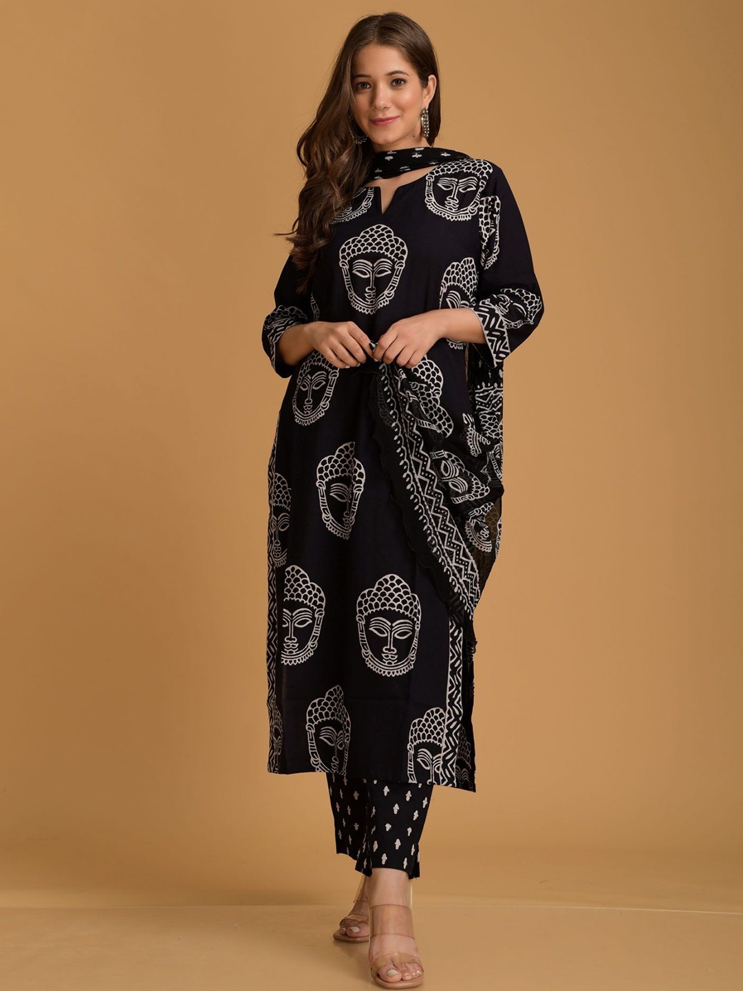 

DIMPLE DESIGN STUDIO Ethnic Motifs Printed Pure Cotton Kurta With Trouser & Dupatta, Black