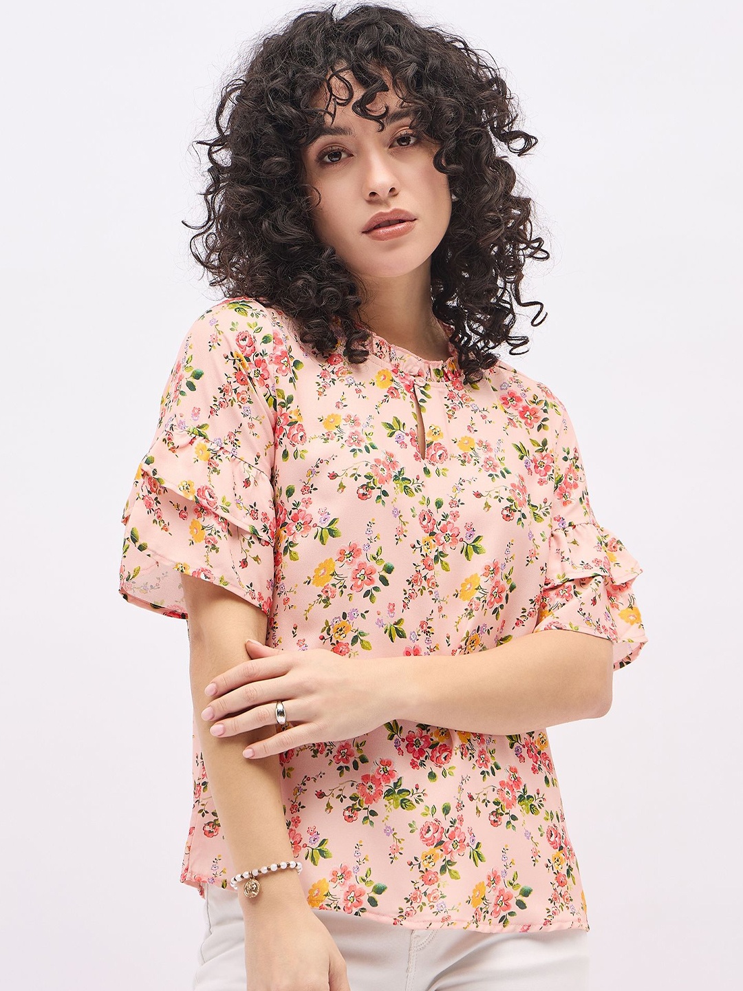 

Deewa Women Floral Printed Blouson Top, Peach