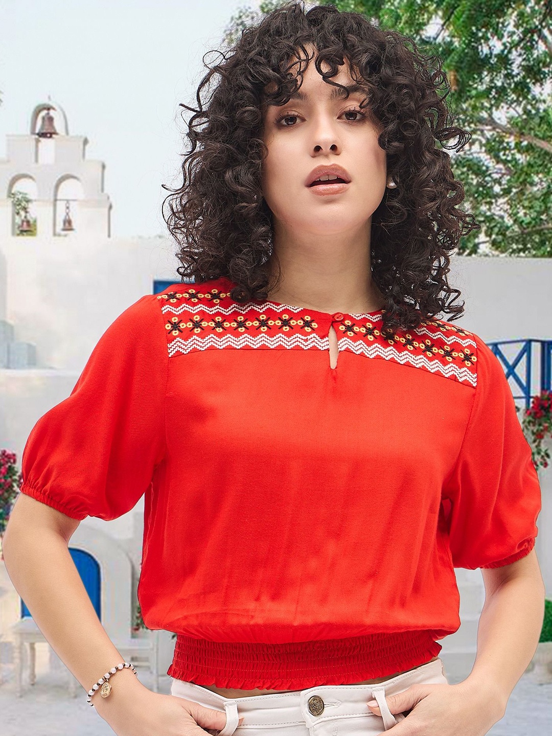 

Deewa Women Puff Sleeves Blouson Top, Orange