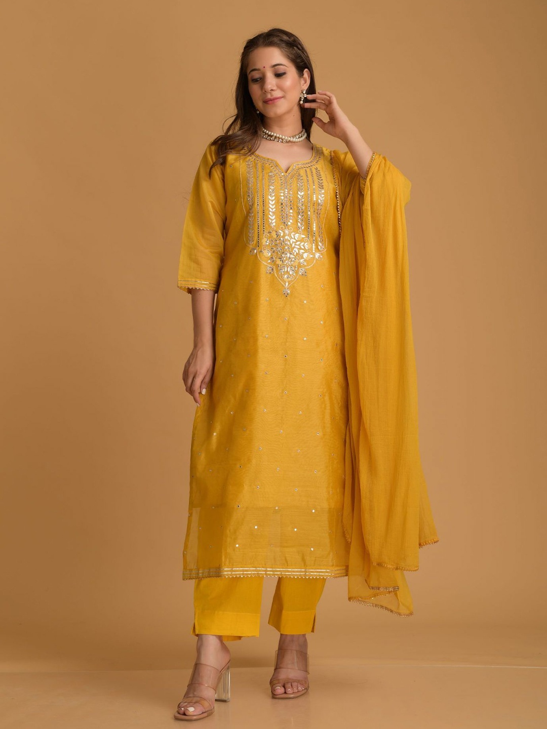 DIMPLE DESIGN STUDIO Floral Embroidered Chanderi Silk Kurta with Trouser & Dupatta, Mustard