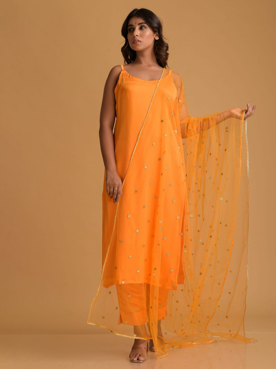 

DIMPLE DESIGN STUDIO Women Regular Sequinned Straight Kurta With Trouser & Dupatta, Yellow