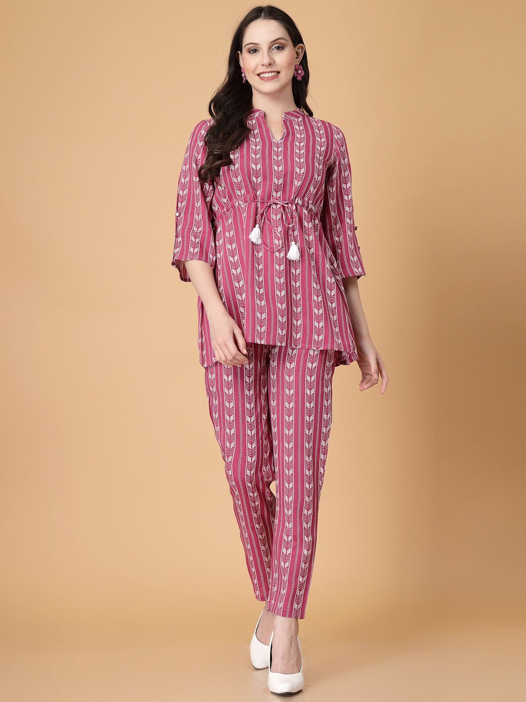 

God Bless Mandarin Collar Striped Tunic With Trouser, Pink
