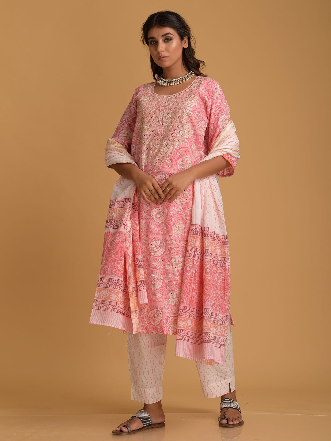 

DIMPLE DESIGN STUDIO Floral Printed Mirror Work Pure Cotton Kurta With Trousers & Dupatta, Pink