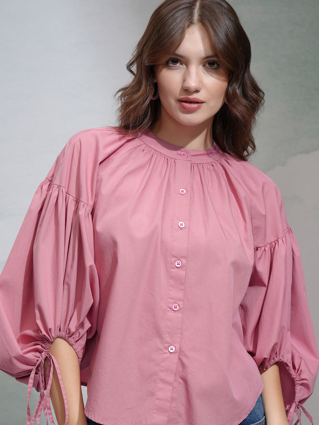 

CHIC BY TOKYO TALKIES Women Mandarin Collar Puff Sleeves Cotton Top, Pink