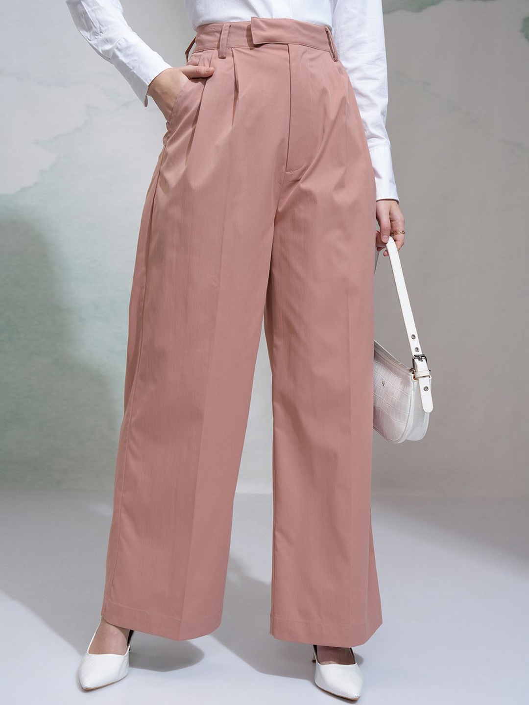 

CHIC BY TOKYO TALKIES Women Regular Fit High-Rise Pleated Formal Trousers, Peach