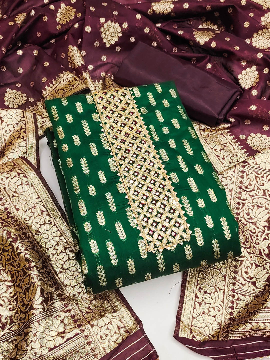 

Maroosh Ethnic Motifs Woven Design Zari Unstitched Dress Material, Green