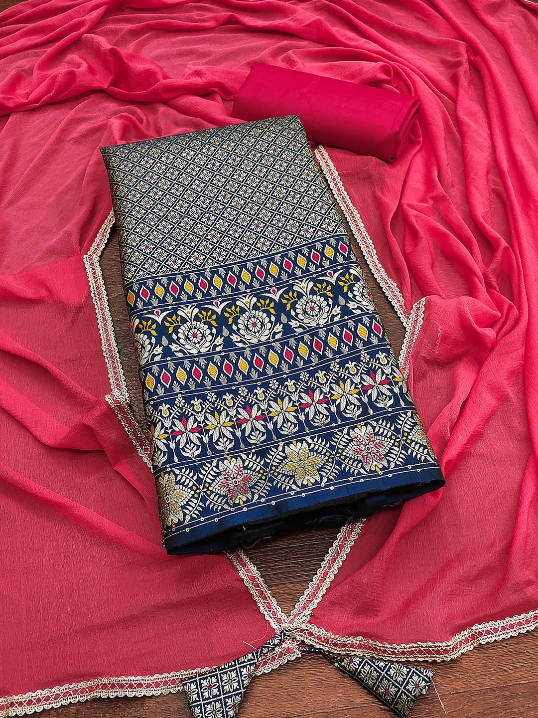 

Maroosh Ethnic Motifs Printed Unstitched Dress Material, Navy blue