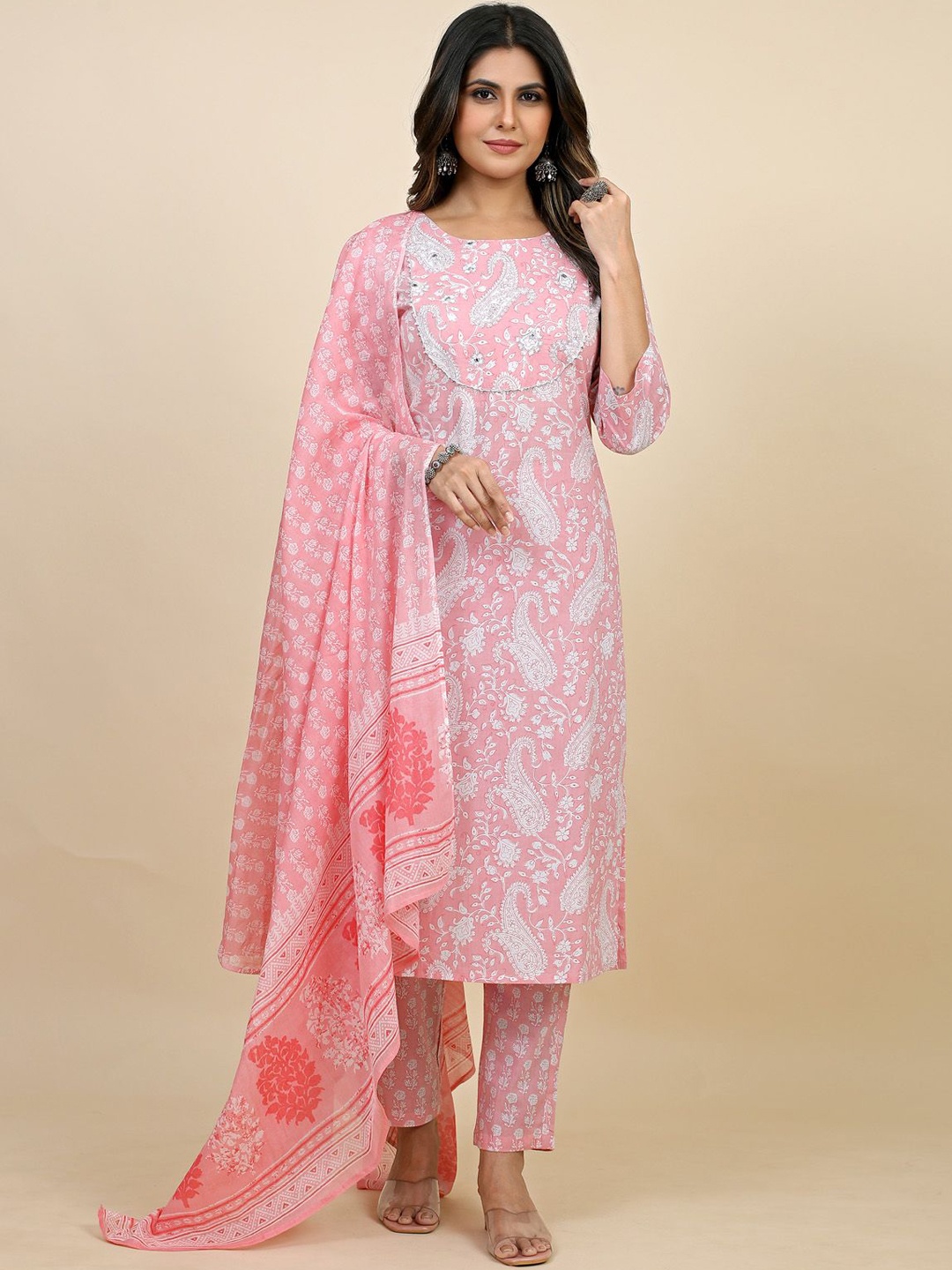 

SARRAS Paisley Printed Pure Cotton Straight Kurta With Trousers & Dupatta, Pink