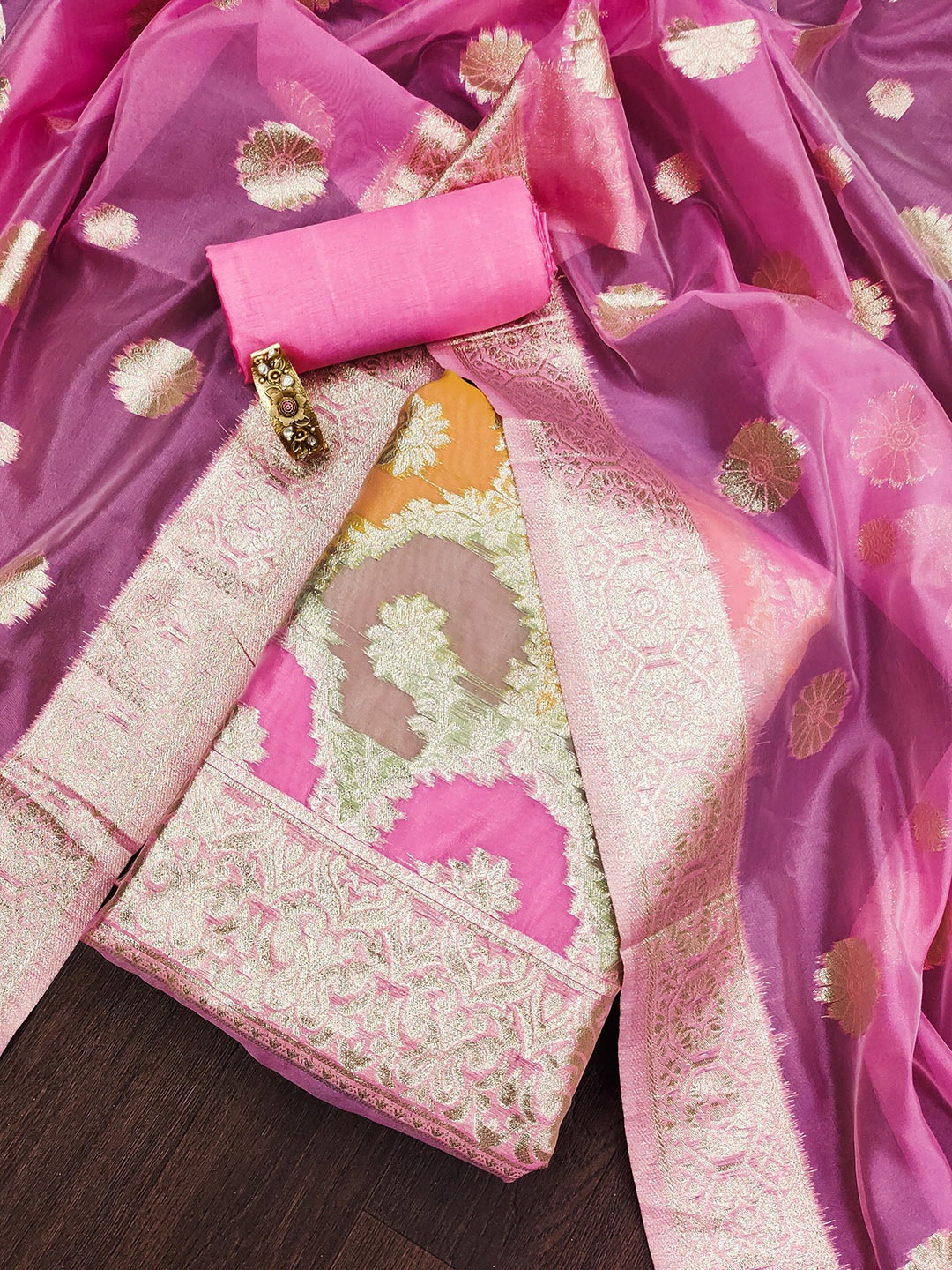 

Maroosh Ethnic Motifs Woven Design Organza Unstitched Dress Material, Pink