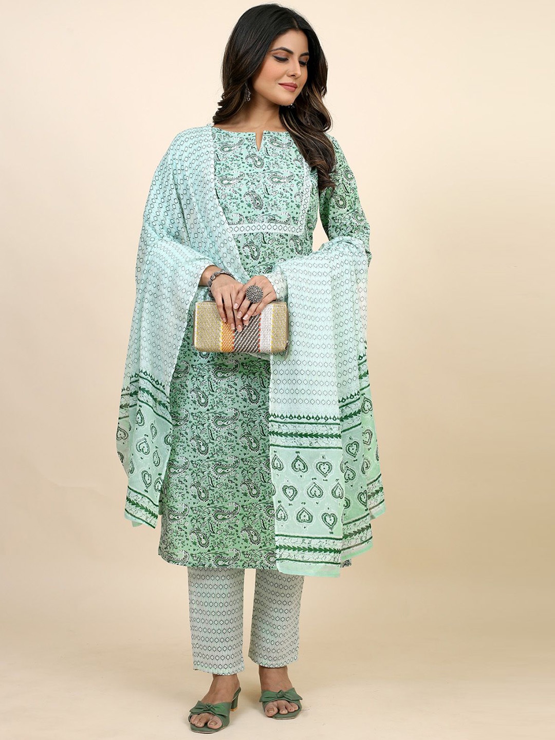 

SARRAS Paisley Printed Pure Cotton Straight Kurta With Trousers & Dupatta, Green