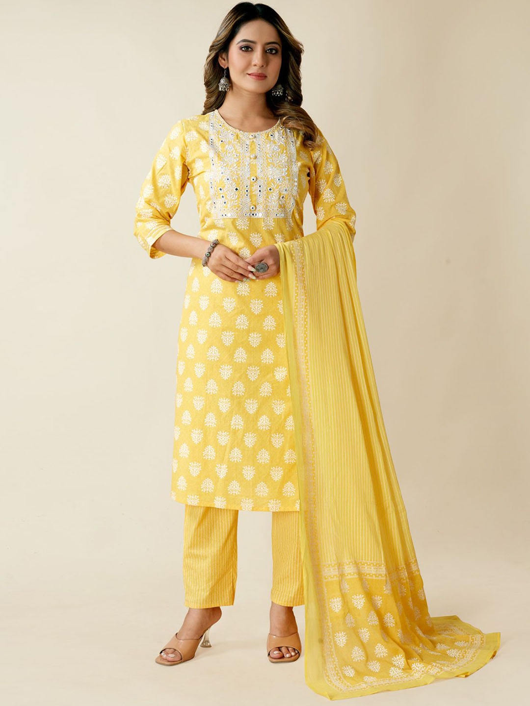 

SARRAS Ethnic Motifs Printed Mirror Work Pure Cotton Kurta With Trousers & Dupatta, Yellow
