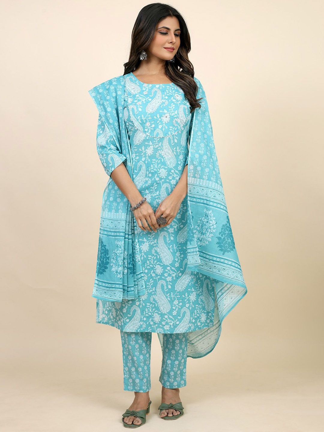 

SARRAS Paisley Printed Pure Cotton Straight Kurta With Trousers & Dupatta, Blue
