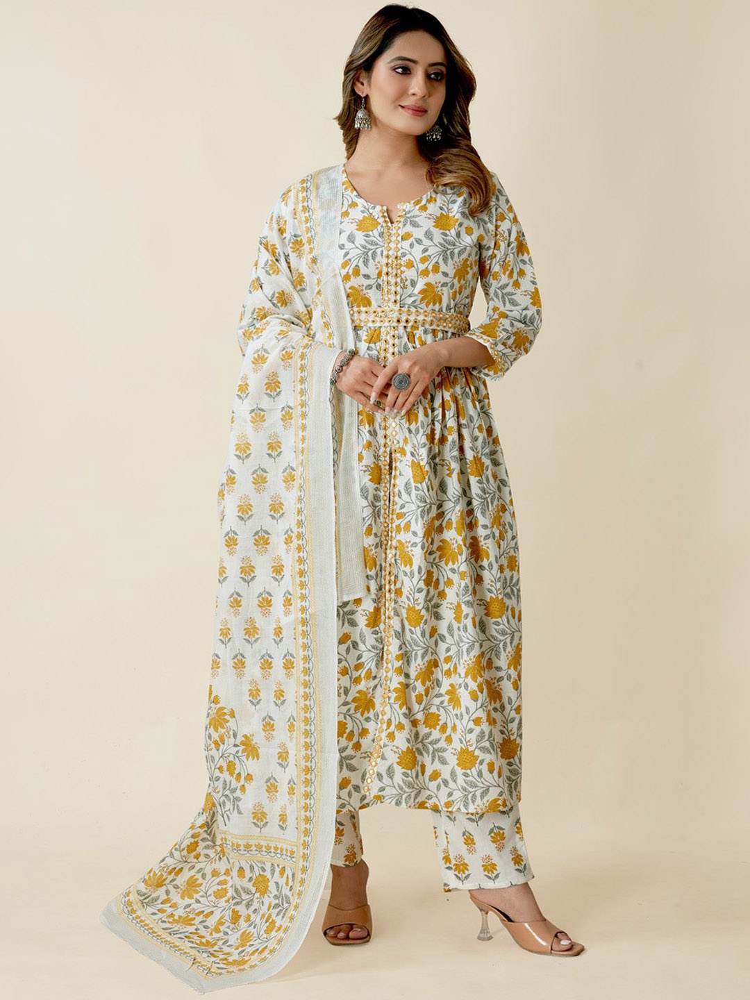 

SARRAS Floral Printed Mirror Work Pure Cotton Anarkali Kurta With Trousers & Dupatta, Yellow