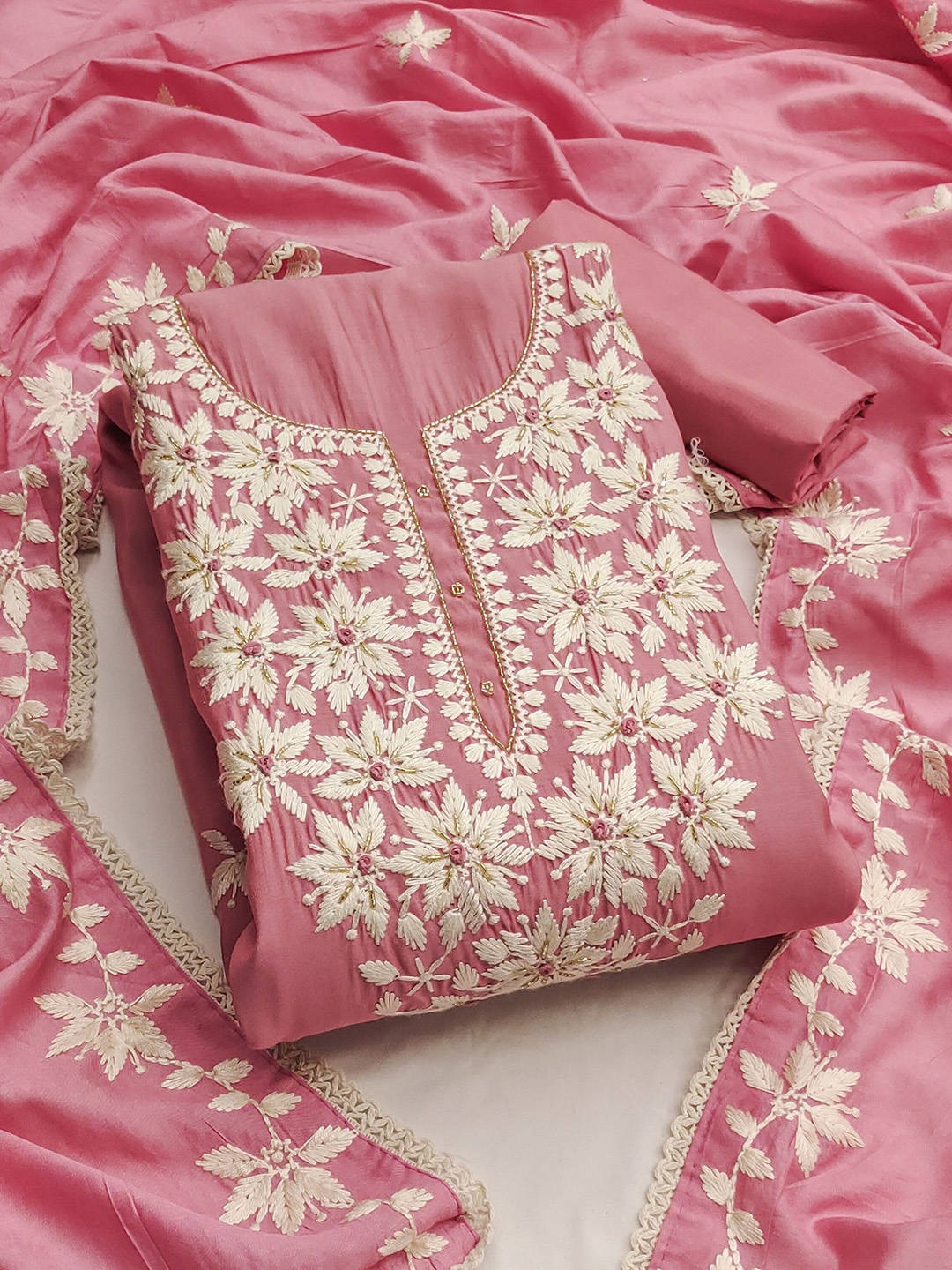 

Maroosh Floral Embroidered Unstitched Dress Material, Pink