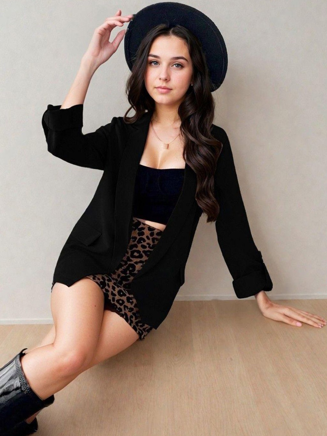 

Kotty Notched Lapel Neck Long Sleeves Front Open Blazer, Black