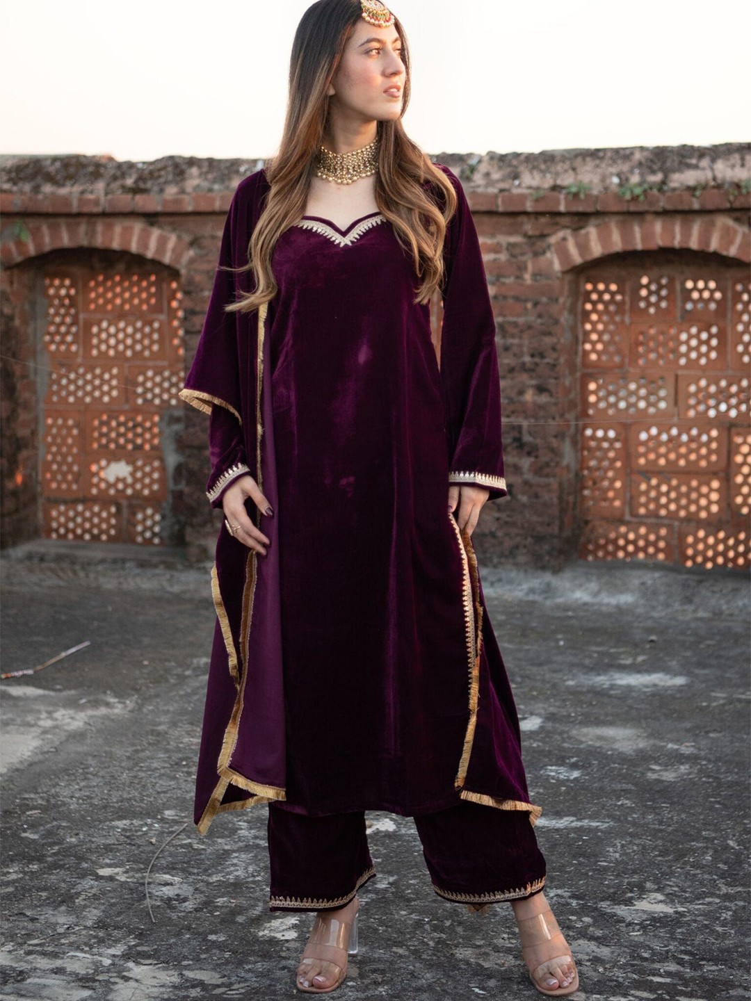 

DIMPLE DESIGN STUDIO Ethnic Motifs Embroidered Sequinned Velvet Kurta & Palazzos & Dupatta, Maroon