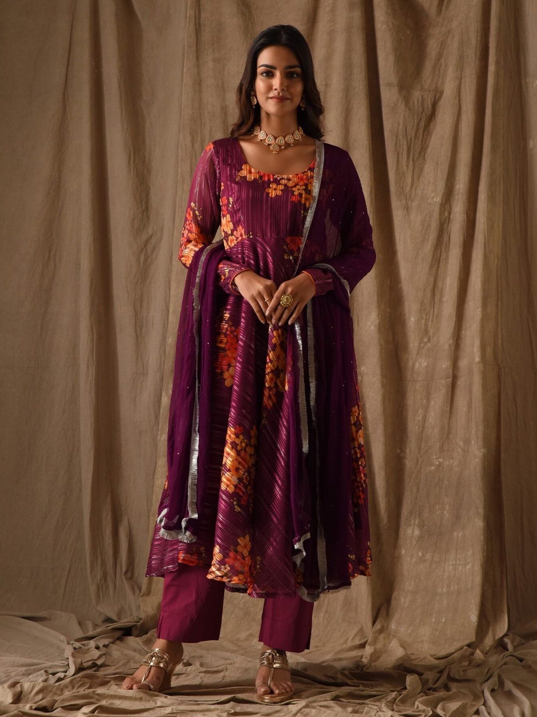 

DIMPLE DESIGN STUDIO Floral Printed Sequined Cotton Anarkali Kurta With Trousers & Dupatta, Purple