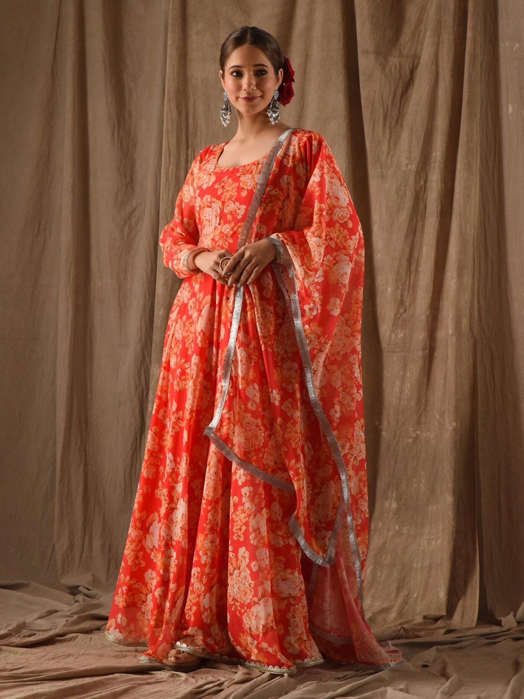 

DIMPLE DESIGN STUDIO Floral Printed Georgette Pleated Kurta With Dupatta, Peach